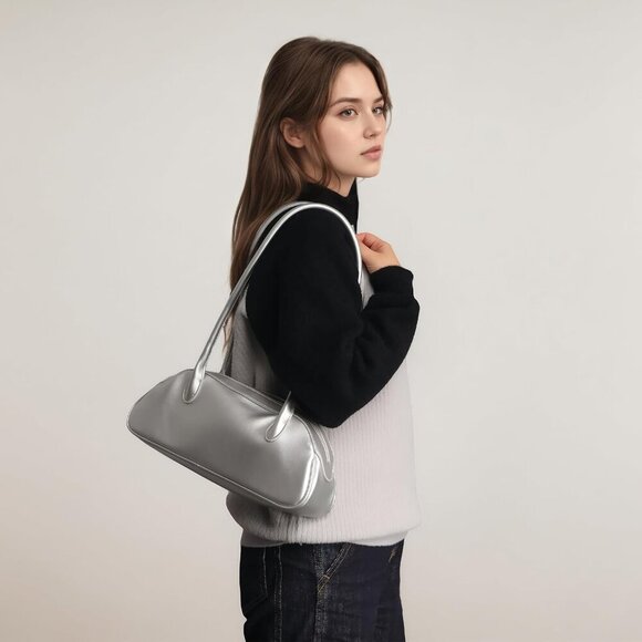 Women’s Silver PU Leather Y2K Shoulder Bag Trendy Fashion Work Travel Bag - Picture 6 of 7